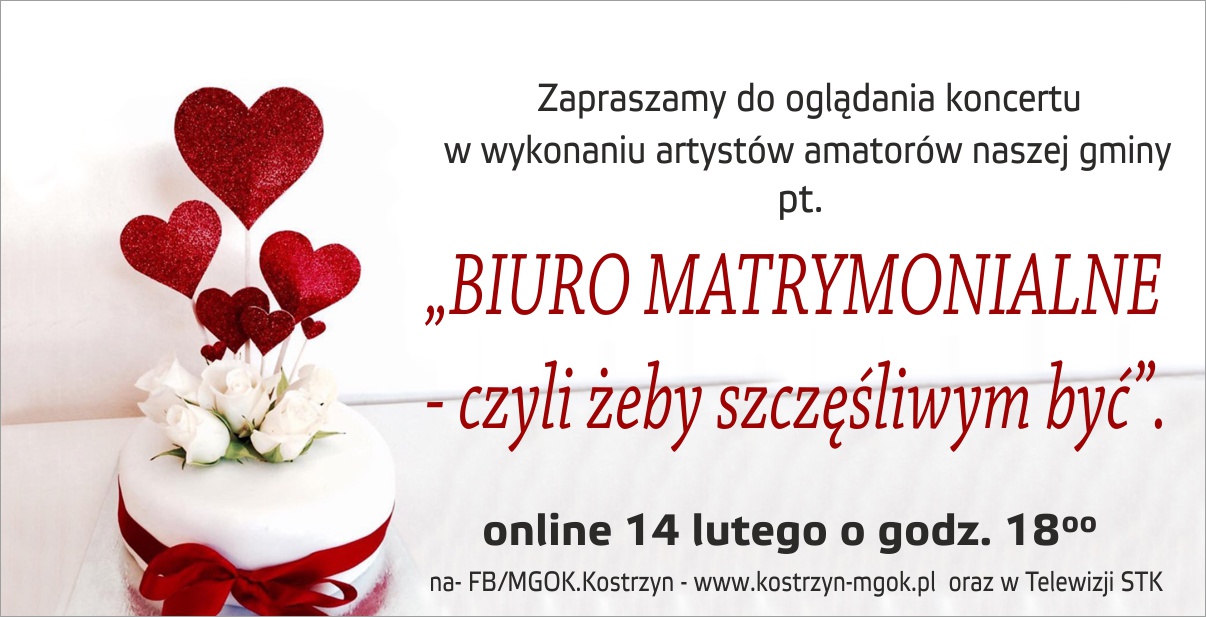 Plakat, zaproszenie na koncet pt. Biuro Martymonialne, 14 lutego 0 godz. 18.00