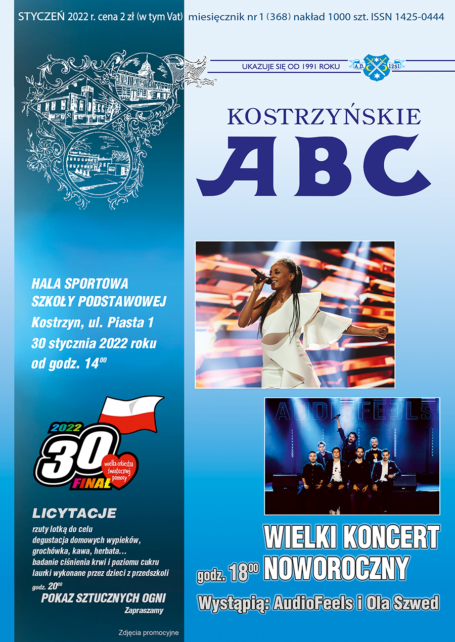 Okładka styczniowego ABC. Niebieskie tło, logo WOŚP oraz zdjęcia artystów występujących na koncercie noworocznym.