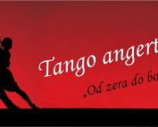 Kontur pary tanecznej na czerwonym tle i napis-Tango argetyńskie od zera do bohatera.
