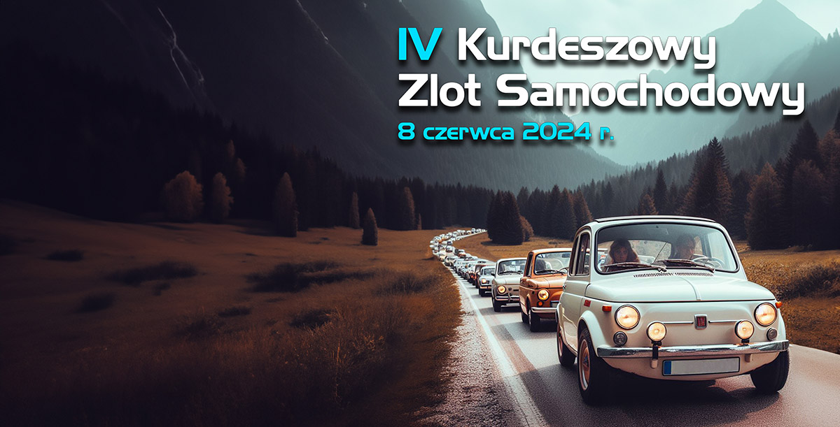 Baner ze zdjęciem kawalkady samochodów oraz napisem 4 kurdeszowy zlot samochodowy
