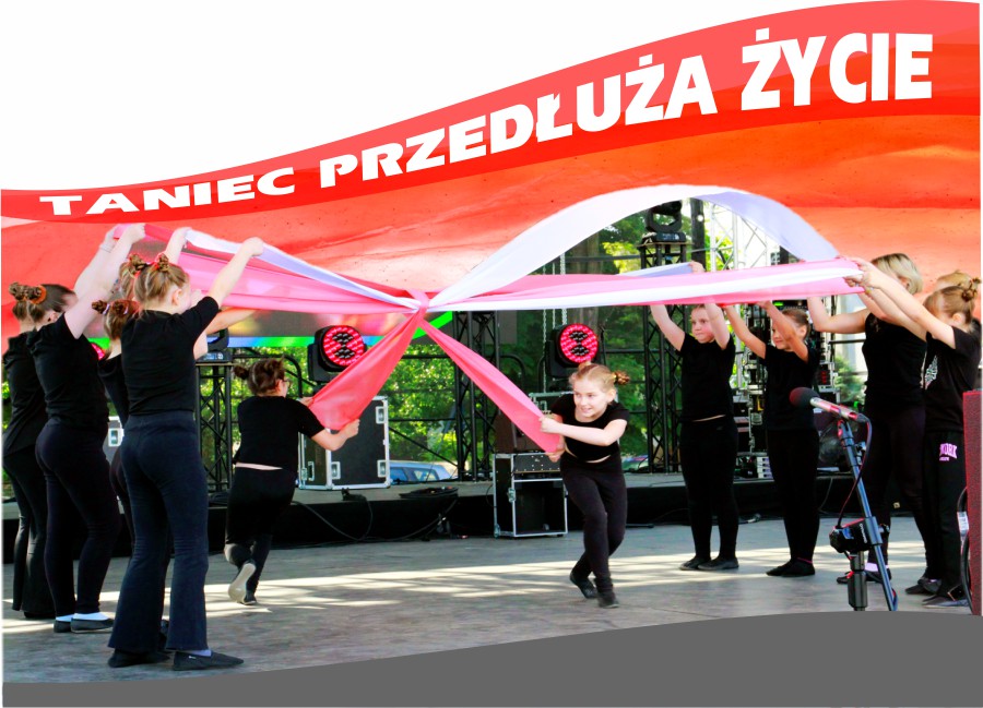 Plakat: zdjęcie tańczoących dzieci i napis Taniec przedłuża życie