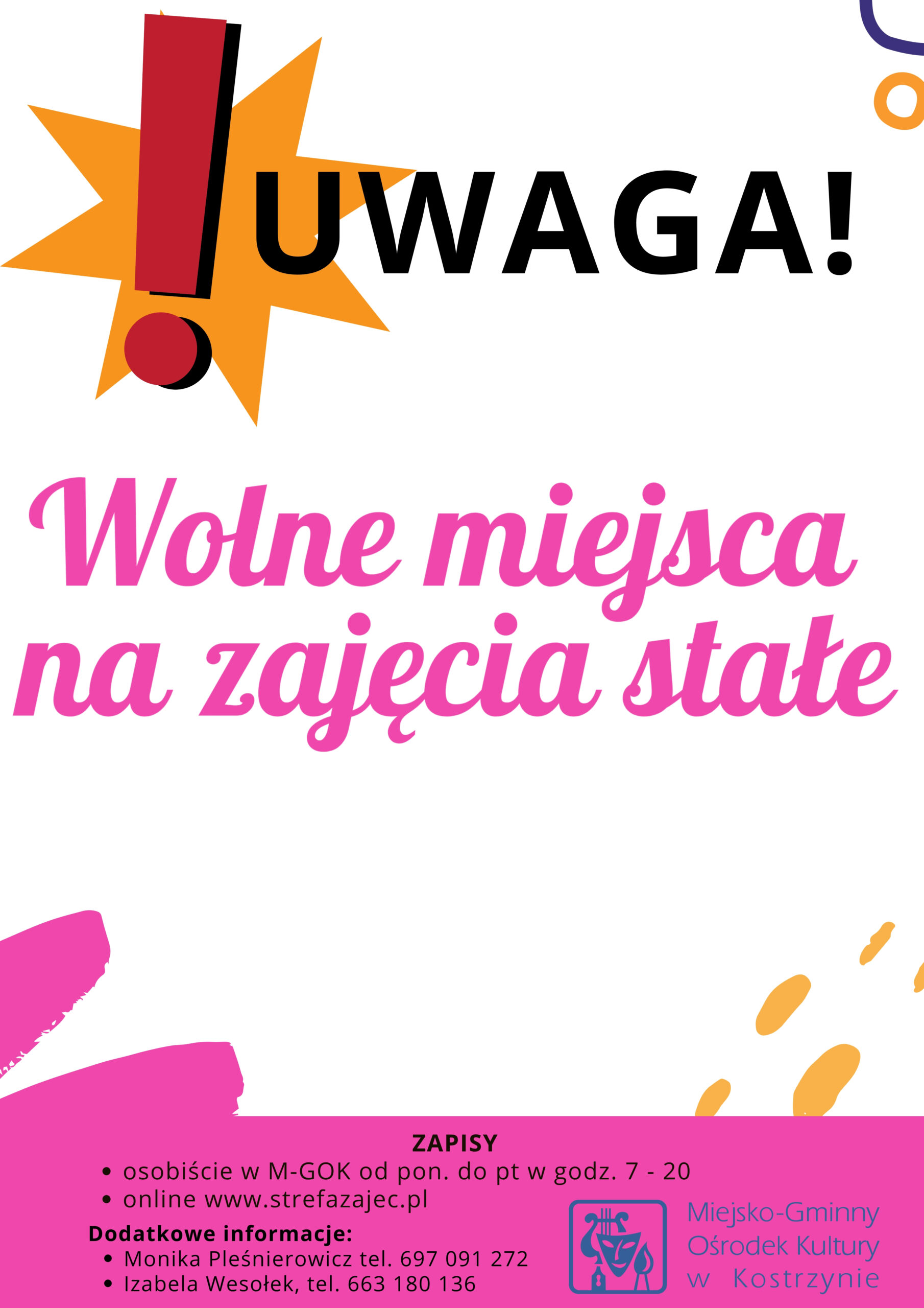 UWAGA! WOLNE MIEJSCA NA ZAJĘCIA STAŁE